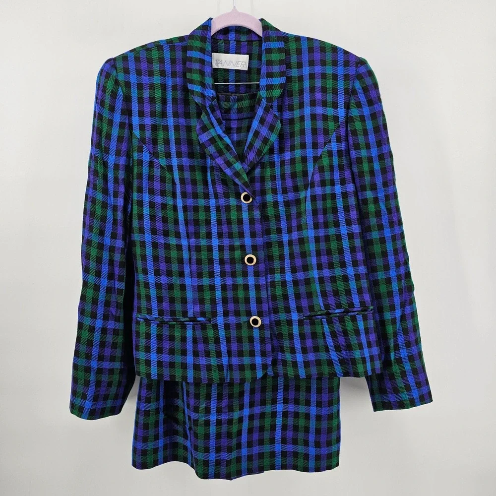 Tanner Skirt Suit 12 Blue Green Purple Plaid Vintage Blazer Skirt Made in USA